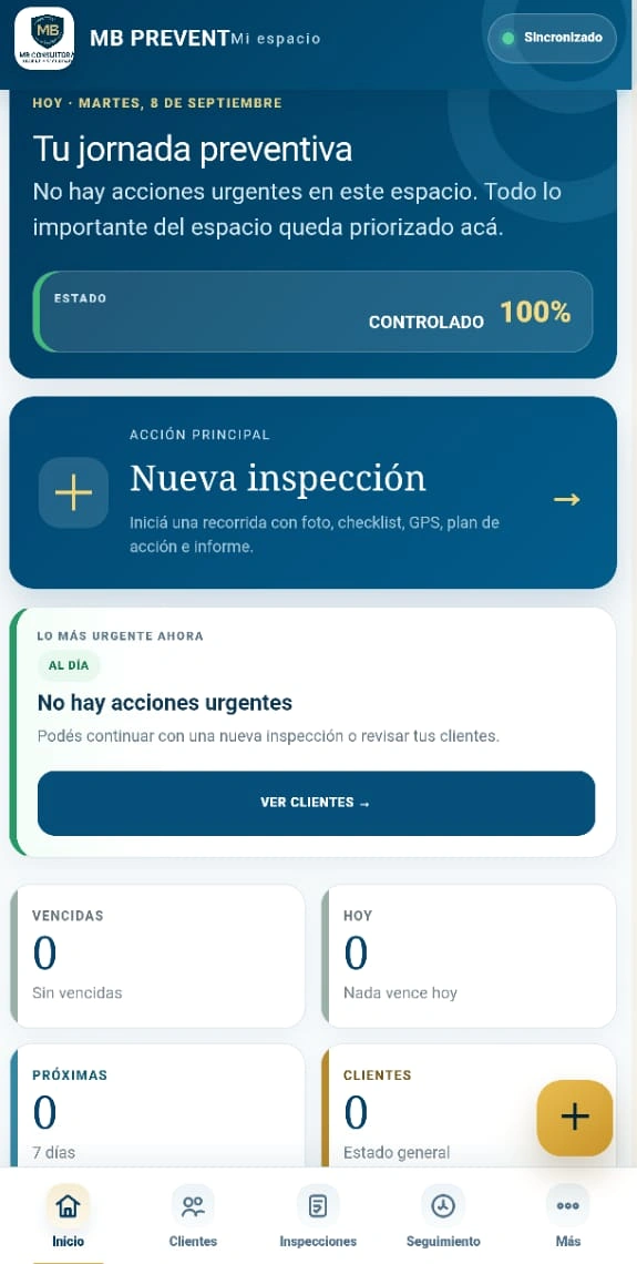 Inicio real de MB Prevent en celular