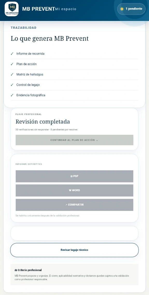 Resultados y documentación generada por MB Prevent